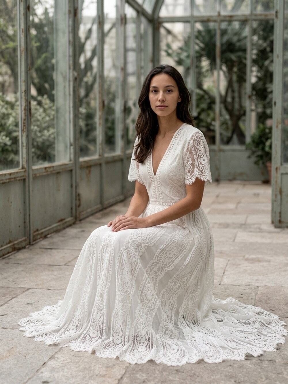 Retro White Lace Plus Size Maxi Dress Short Sleeve V-Neck Lightweight Gown